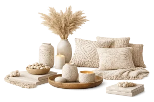 Elegant neutral home decor set featuring textured cushions, ceramic vases, candles, wooden trays, and dried pampas grass arrangement.